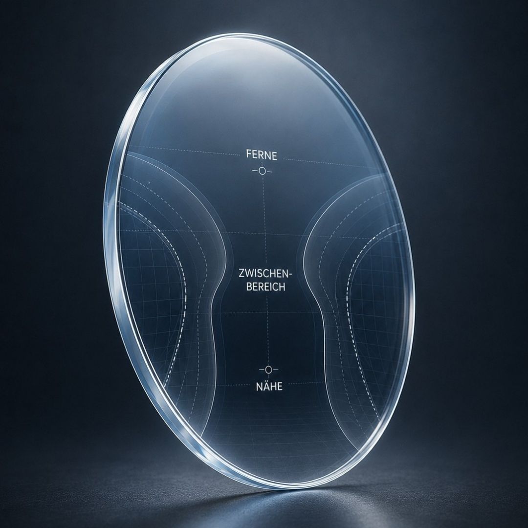 Gleitsichtglas mit den Sehzonen Ferne, Zwischenbereich und Nähe