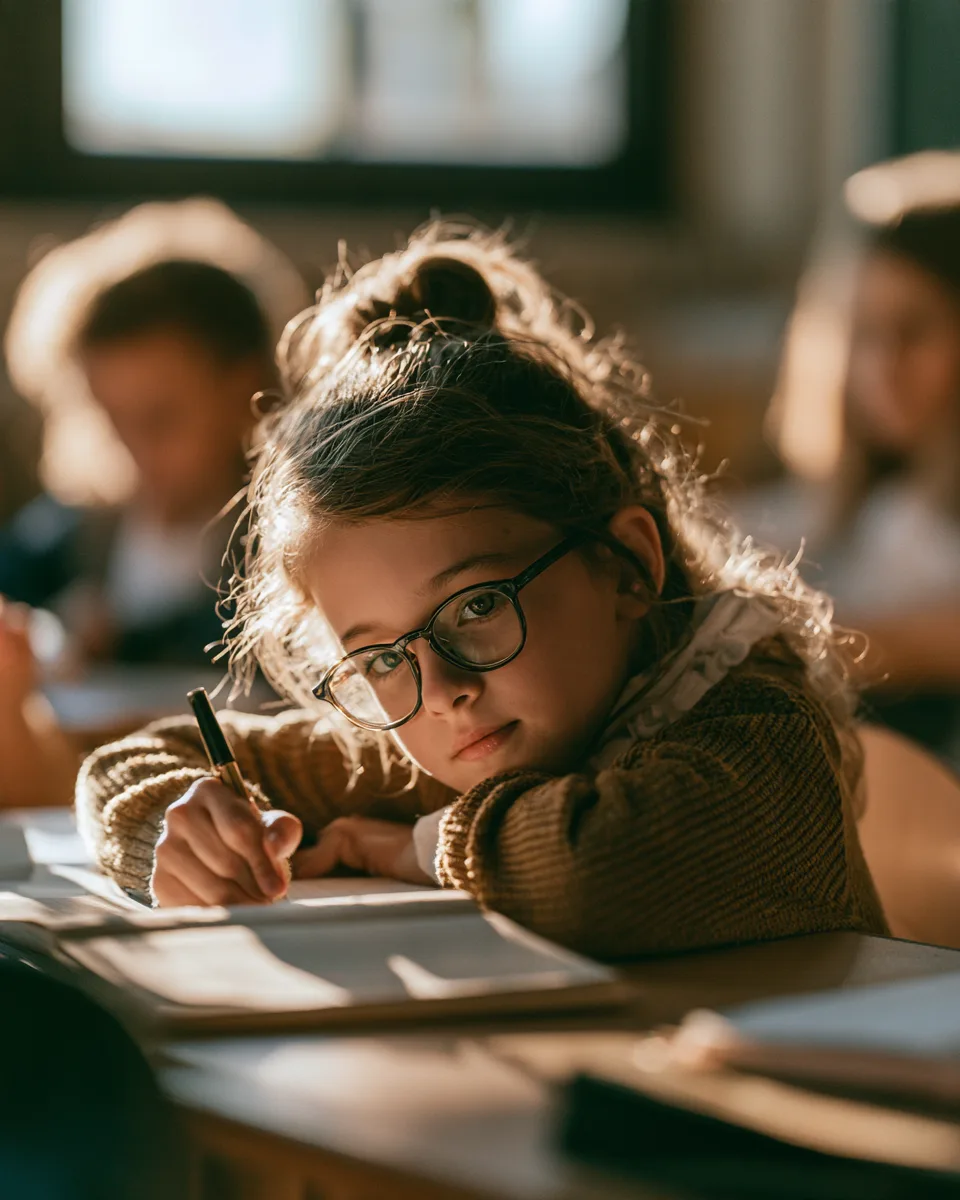 Mädchen mit Brille im Klassenzimmer