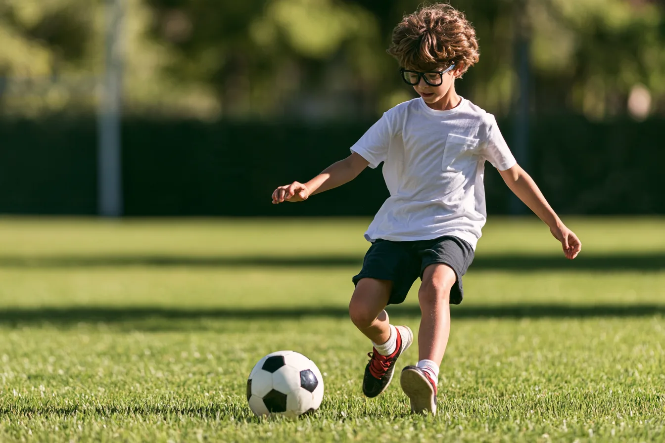 Junge mit Brille spielt Fußball
