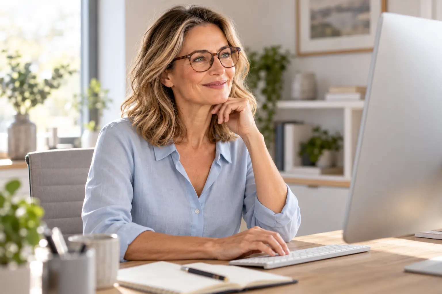 Frau mit Office-Brille am Bildschirm