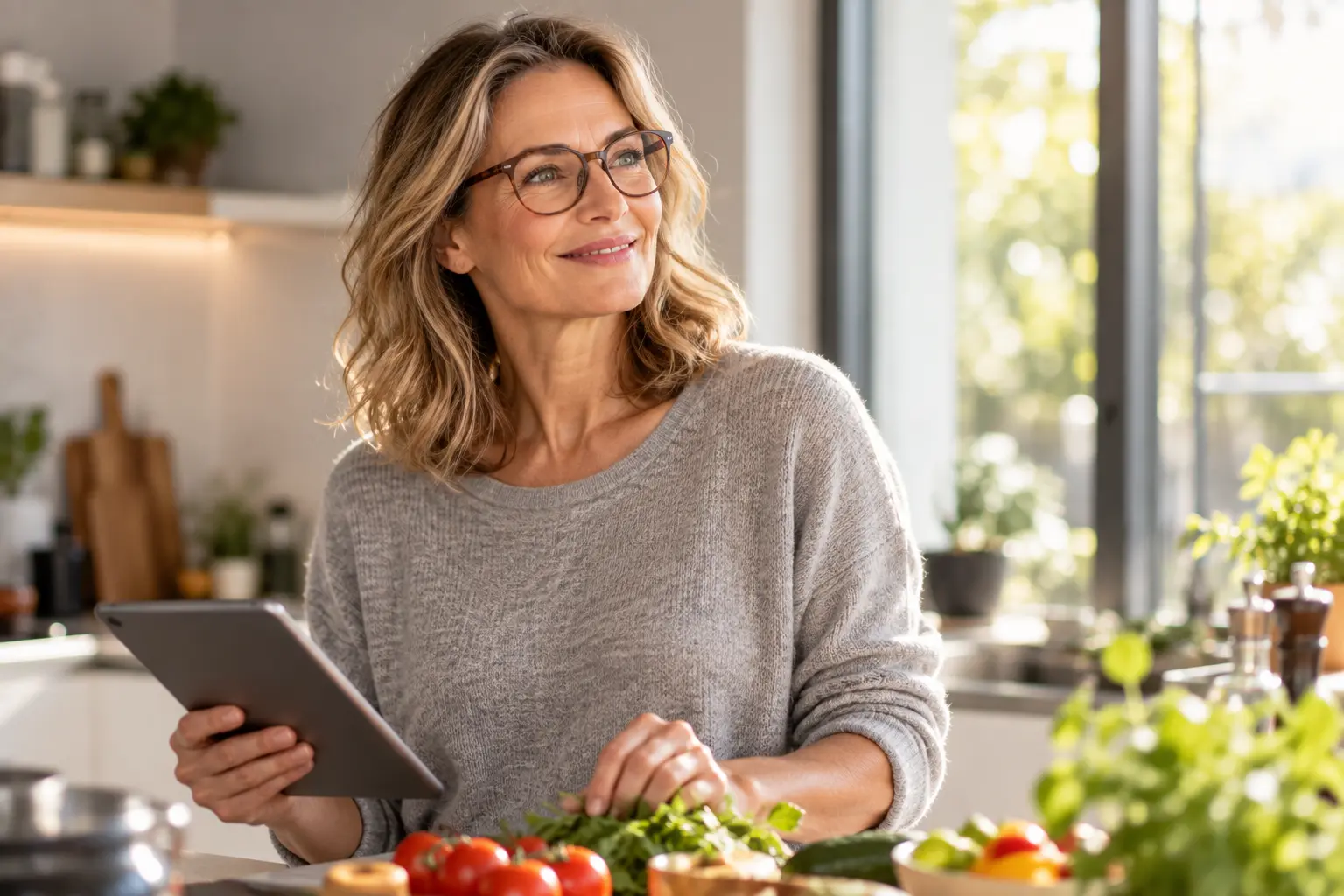 Frau mit Gleitsichtbrille im Alltag