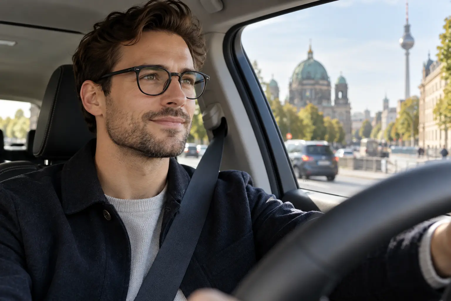 Mann mit Einstärkenbrille beim Autofahren