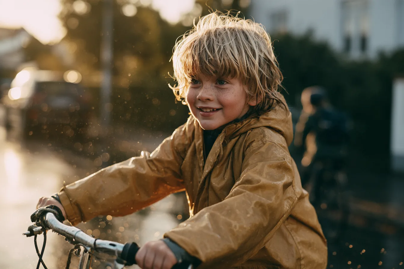 Junge fährt im Abendlicht Fahrrad