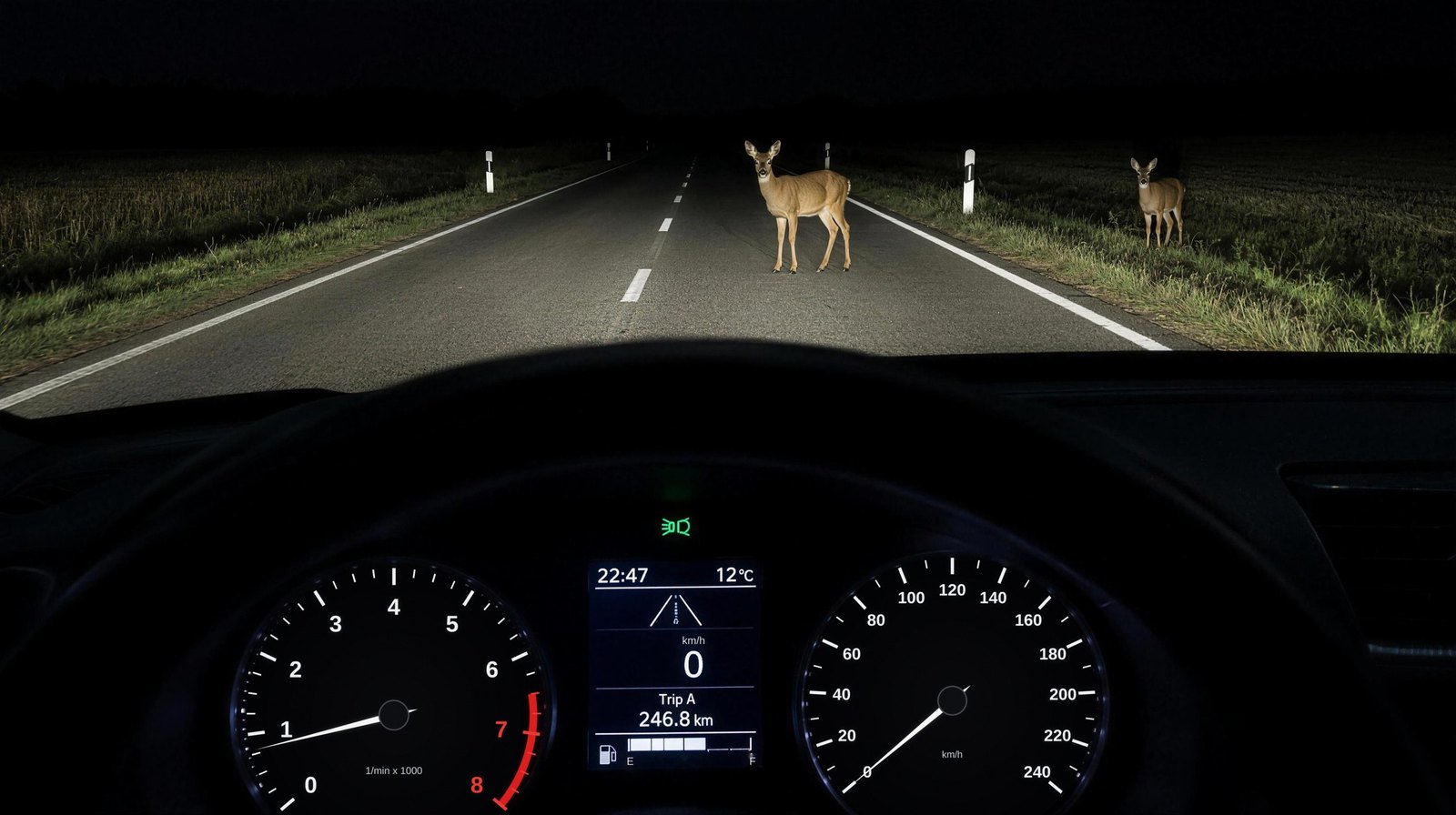 Landstraße bei Nacht mit Rehen im Scheinwerferlicht