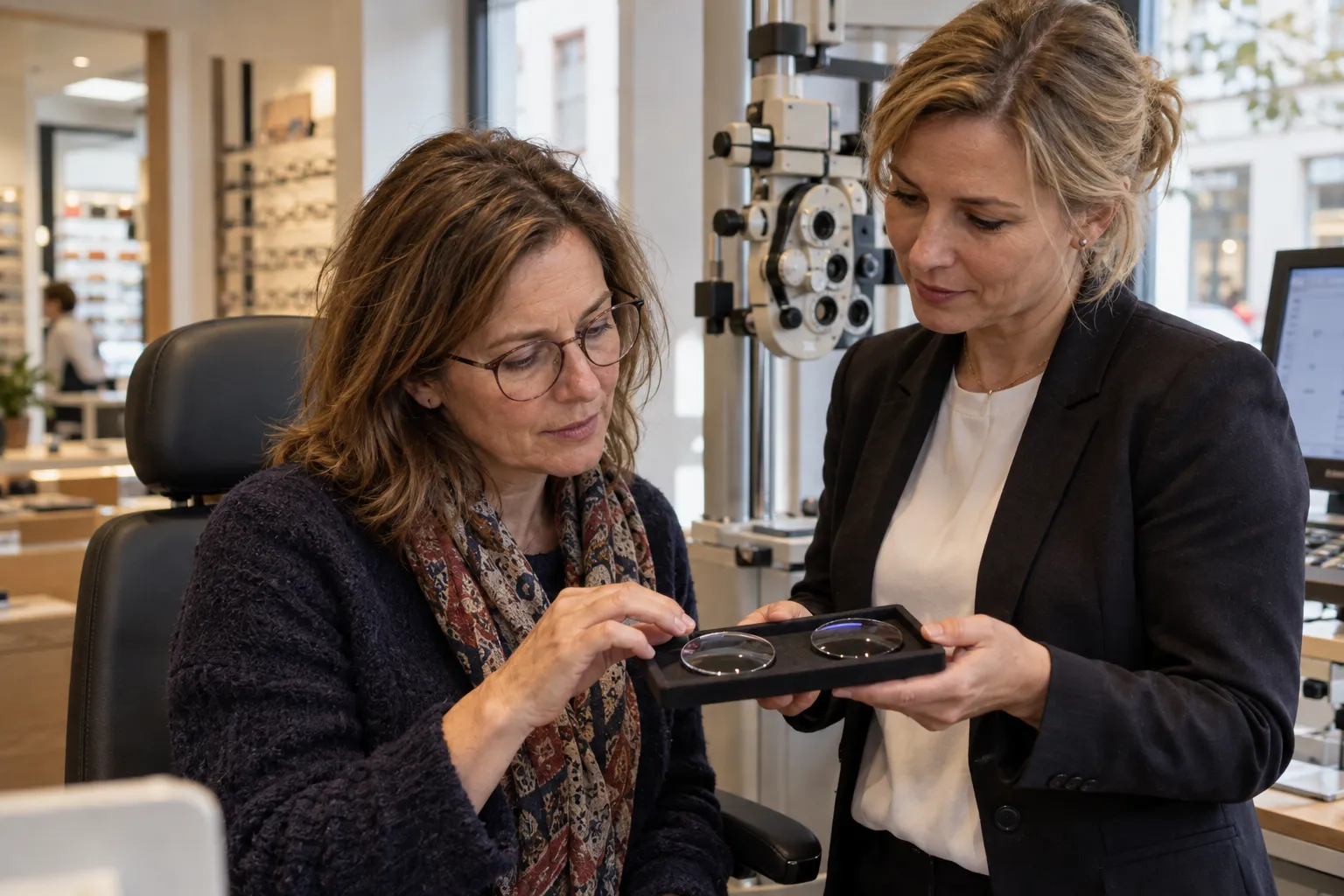 Optikerin zeigt einer Kundin um 55 zwei Brillengläser zum Vergleich