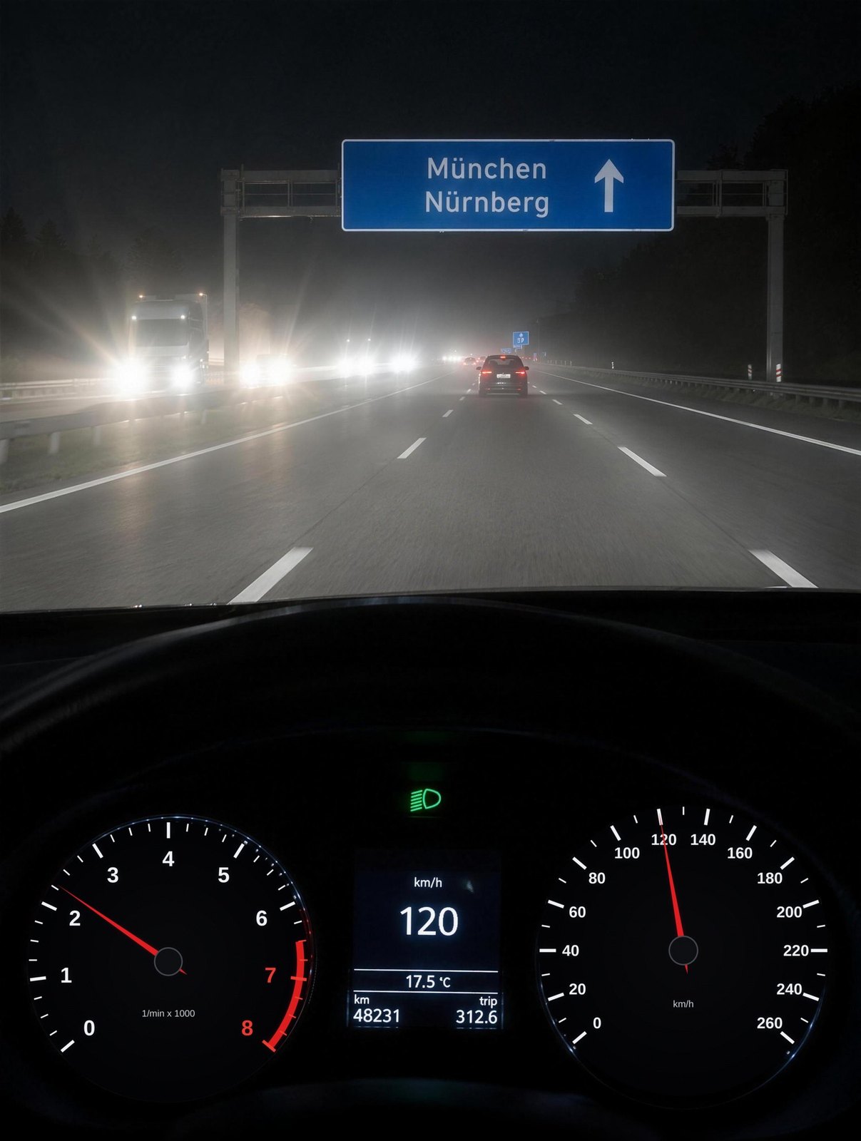 Autobahn bei Nacht mit starker Blendung