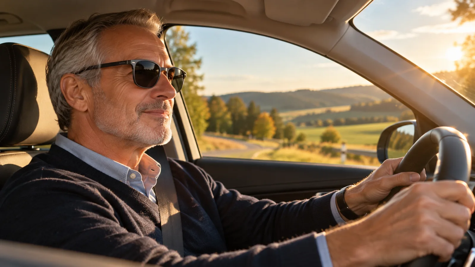 Mann mit Sonnenbrille am Steuer in der Abendsonne