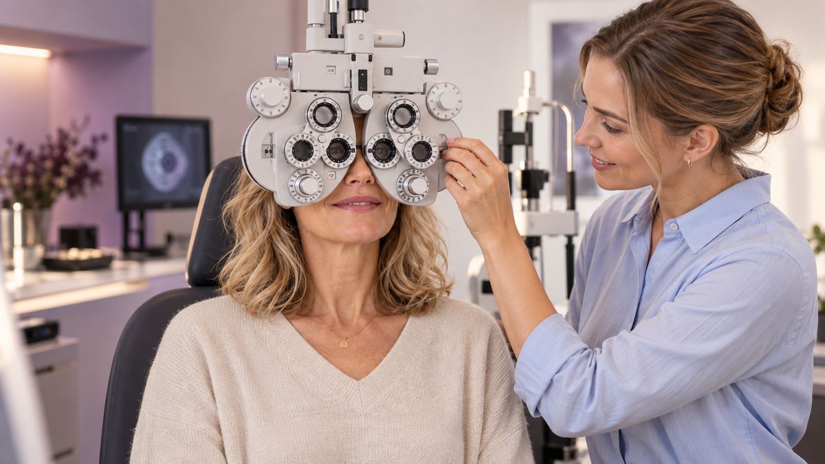 Optikerin führt einen kostenlosen Sehtest durch