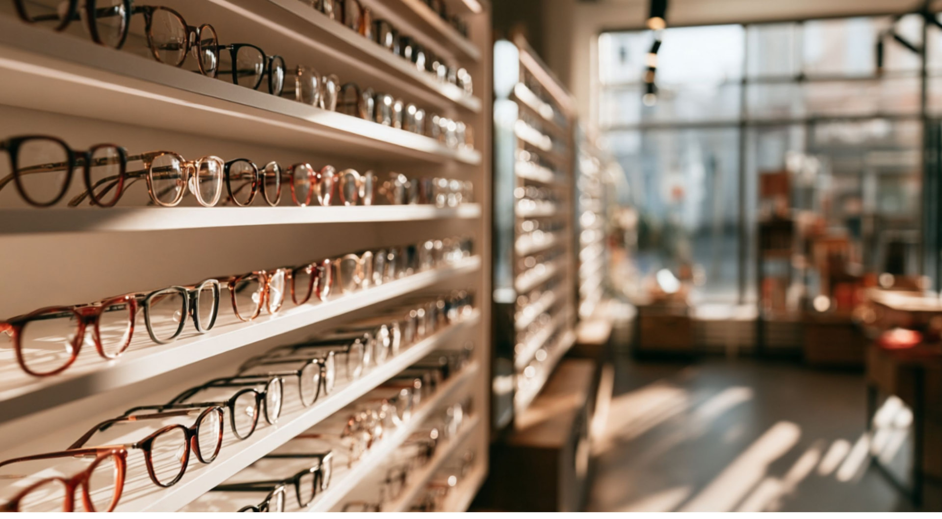Regalwand mit Brillenfassungen im Partner-Optiker-Geschäft