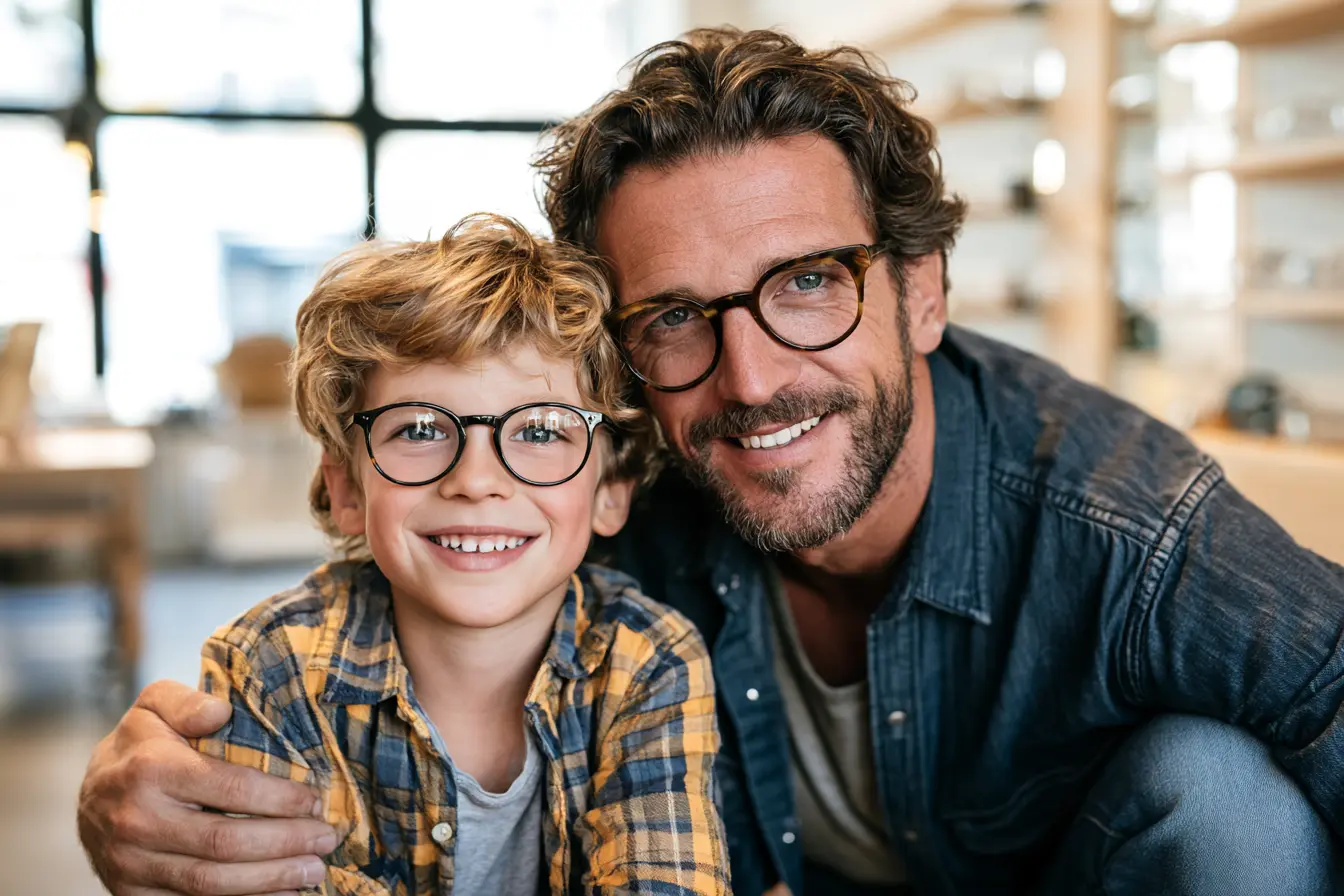 Vater und Sohn mit Brille beim Optiker