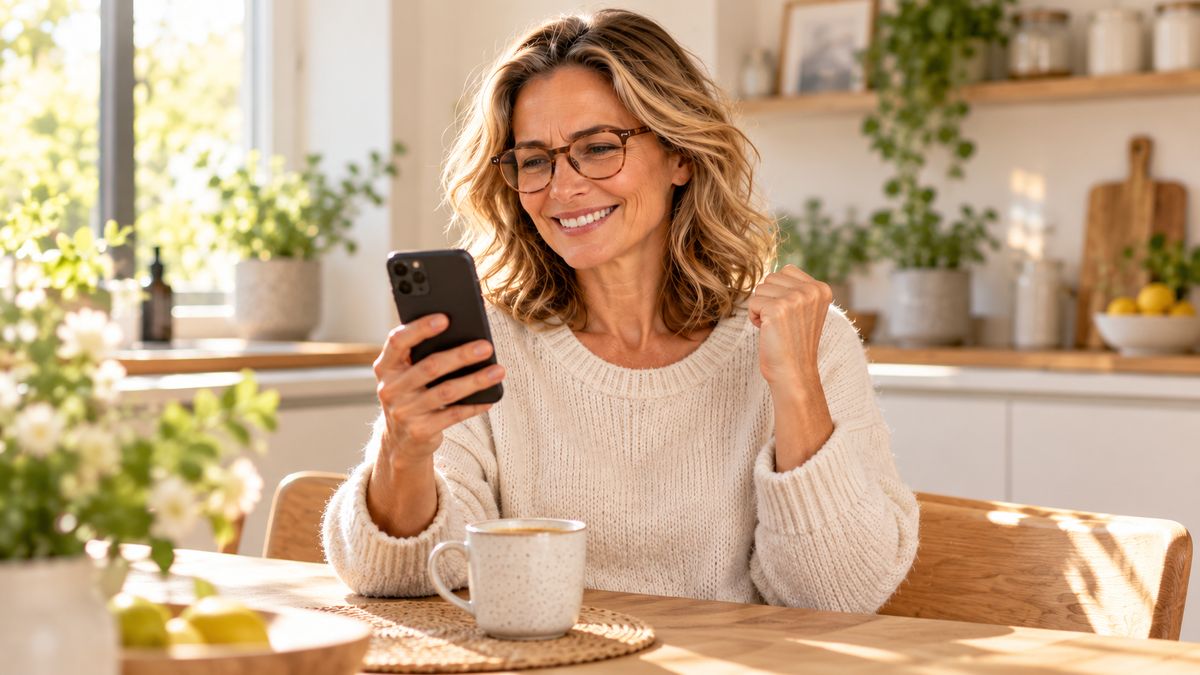 Frau freut sich über den Gutschein per E-Mail