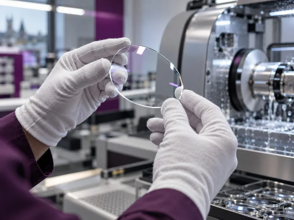 Qualitätskontrolle eines Brillenglases in der eigenen Glasproduktion