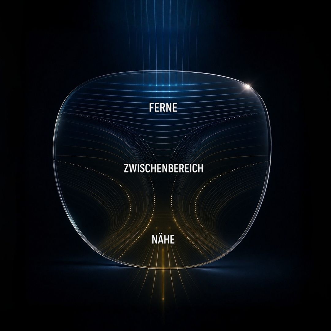 Comfort Premium Gleitsichtglas mit den drei Sehbereichen Ferne, Zwischenbereich und Nähe